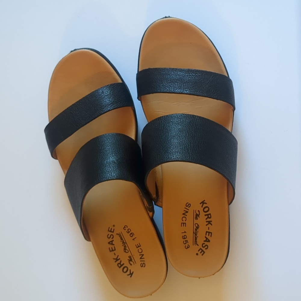 Kork-Ease black wedge slide sandals